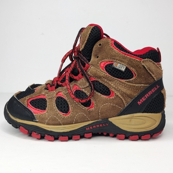 Merrell Suede Brown Red Performance Footwear Hiking Lace Up Boots Sz 1 - Picture 2 of 11
